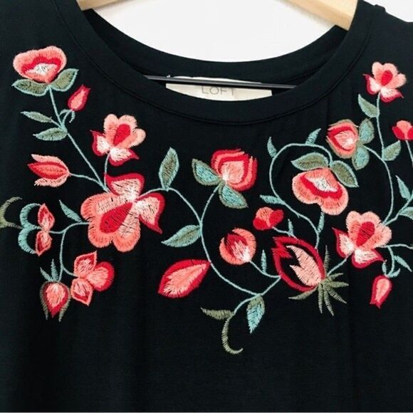 Loft Floral Embroidered Sleeveless Jersey Black Swing Dress - Picture 10 of 12